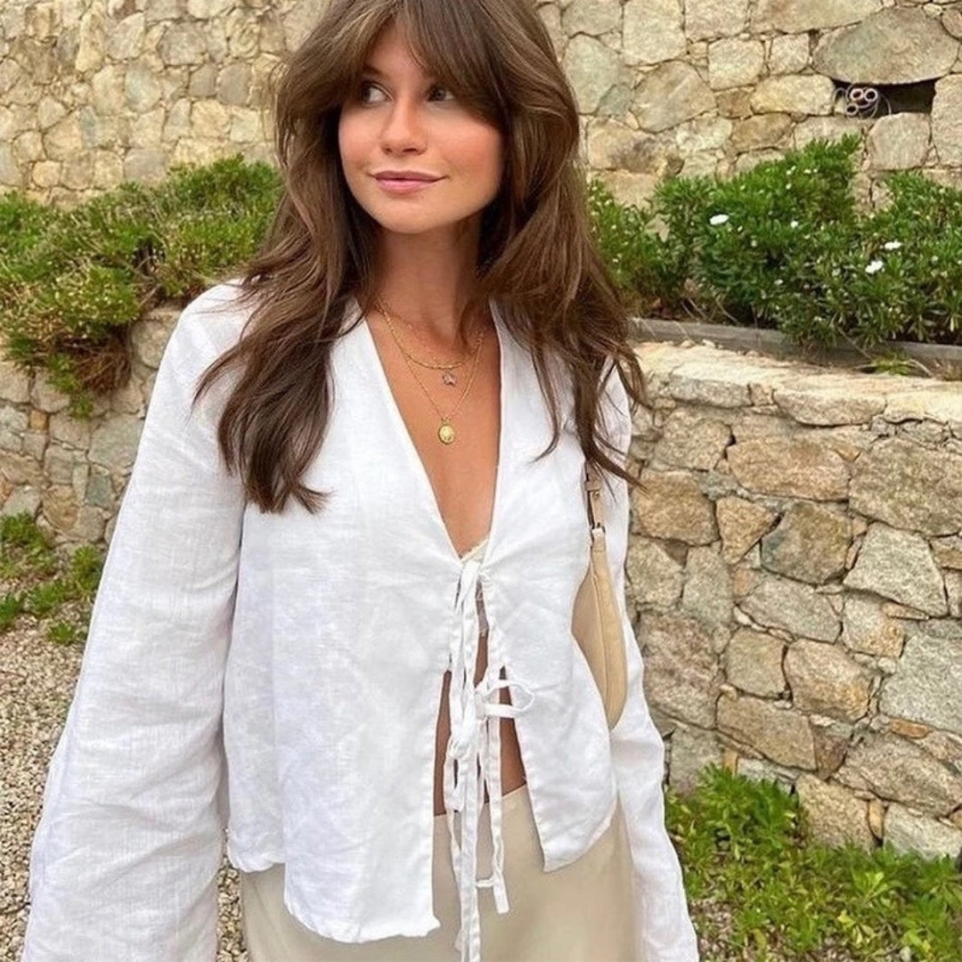 Raven - Lightweight Blouse with Tie Closure and Bell Sleeves