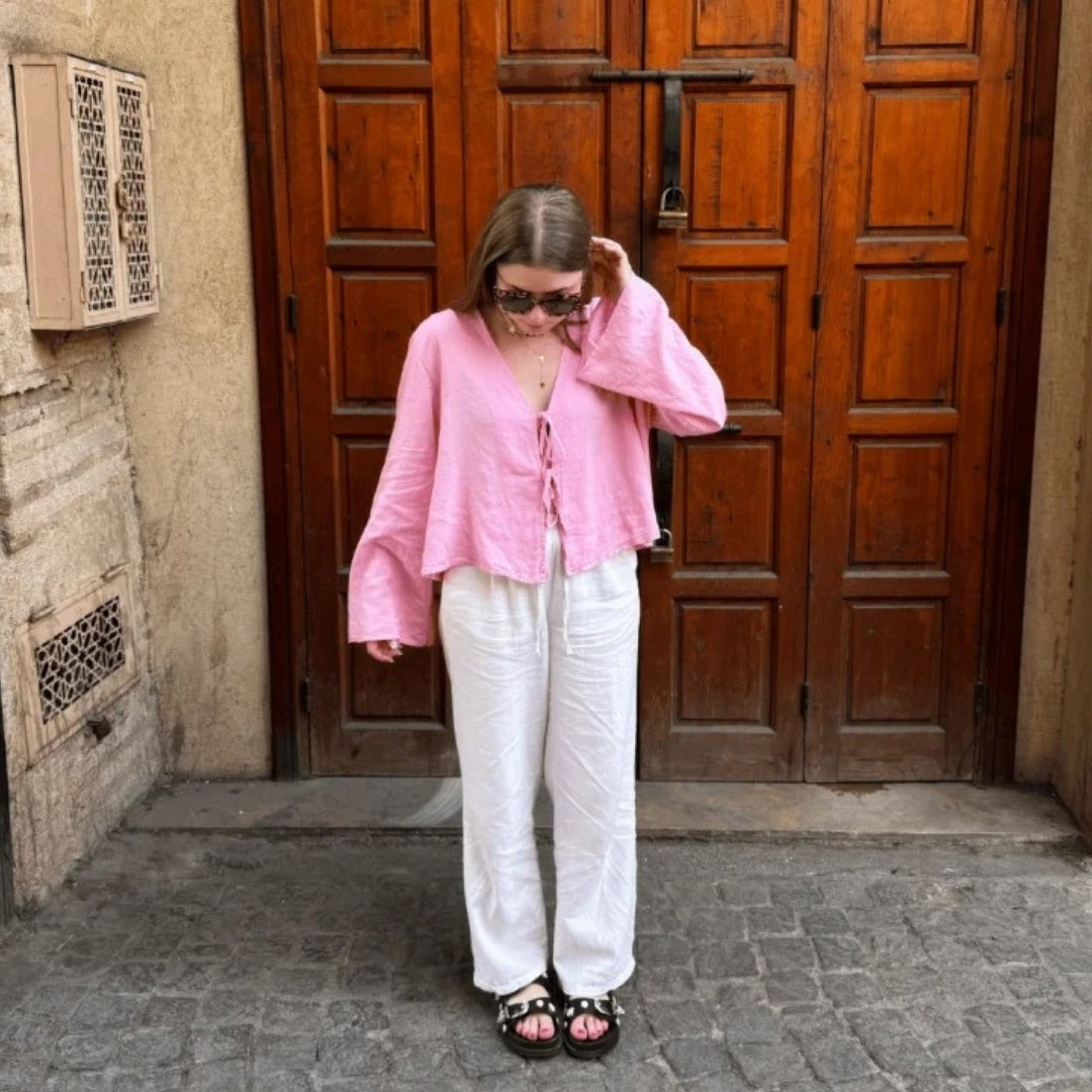 Raven - Lightweight Blouse with Tie Closure and Bell Sleeves