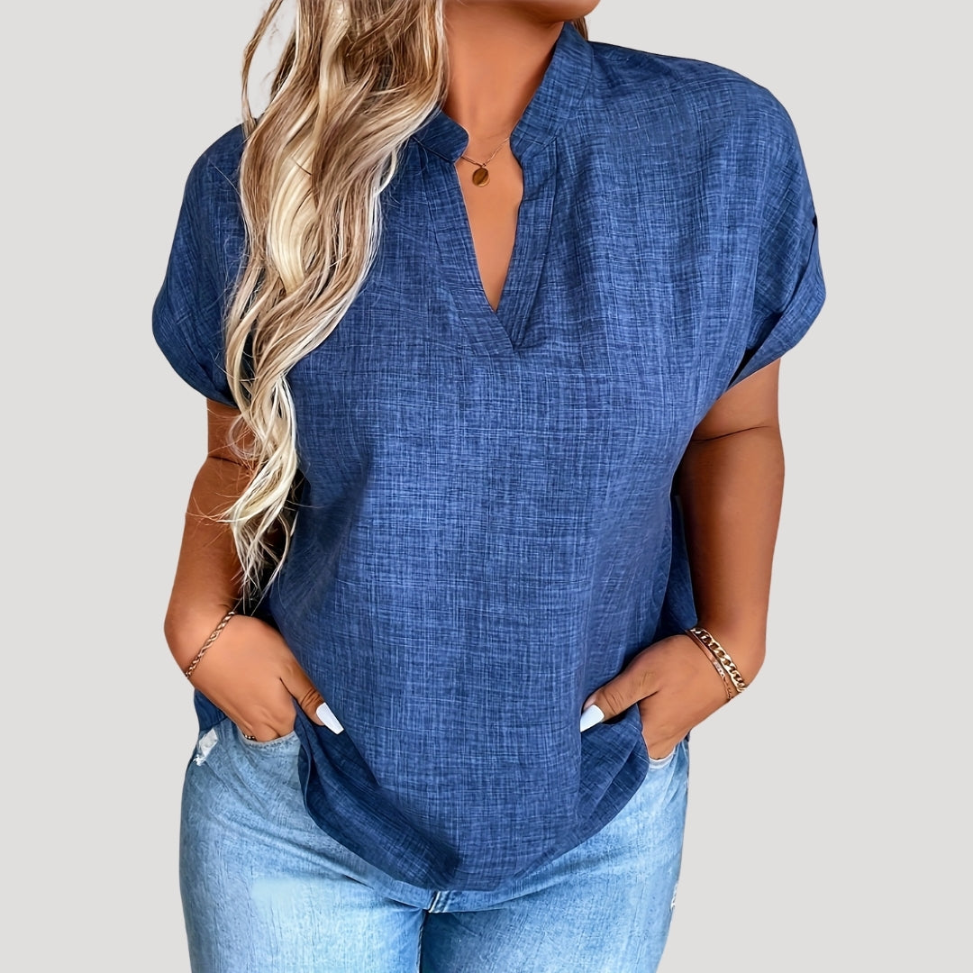 Casey - Casual Blouse with Cut-Out V-Neck and Short Sleeves